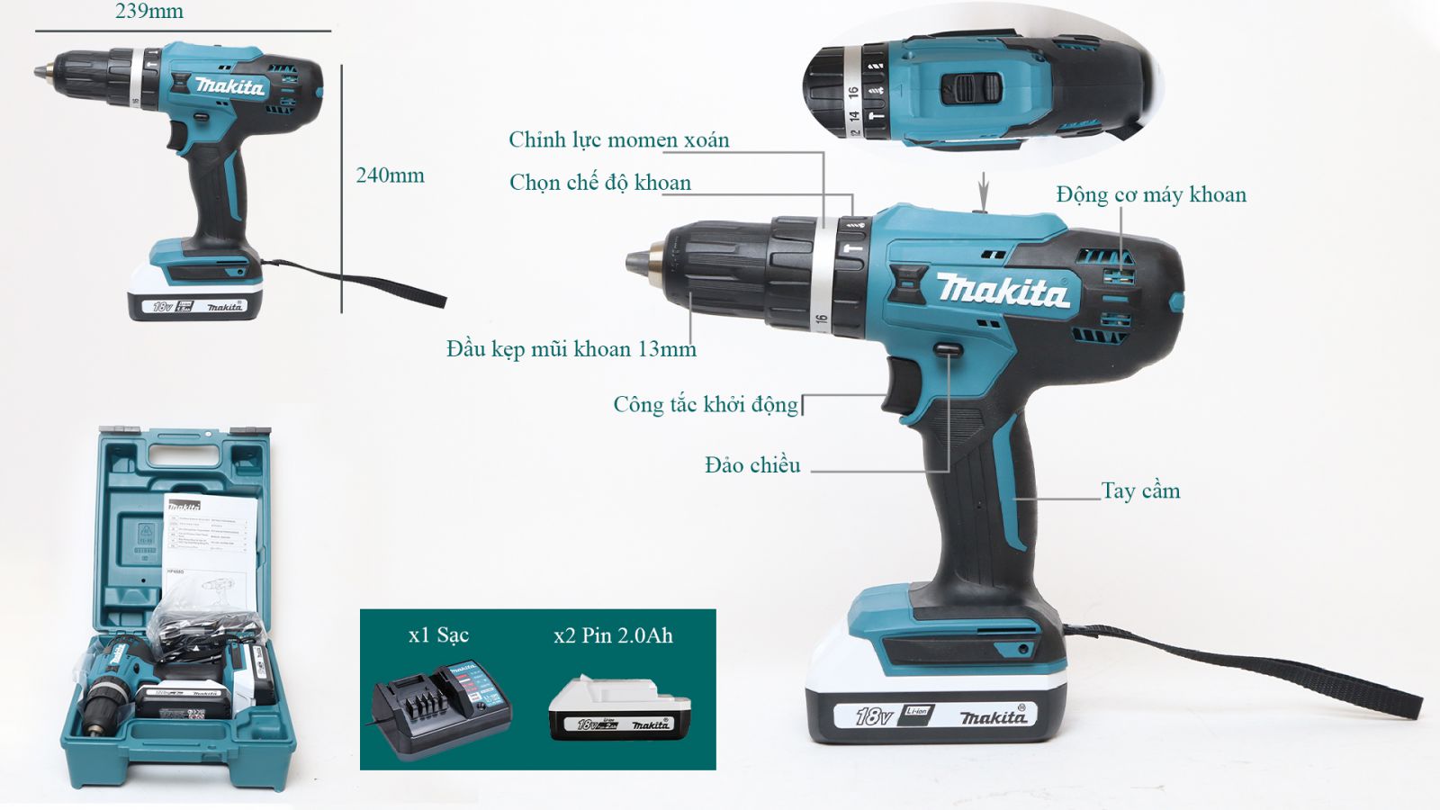 Máy khoan động lực dùng pin 18V Makita HP488DWAE - Thiết bị dùng Pin - SAND FASHION